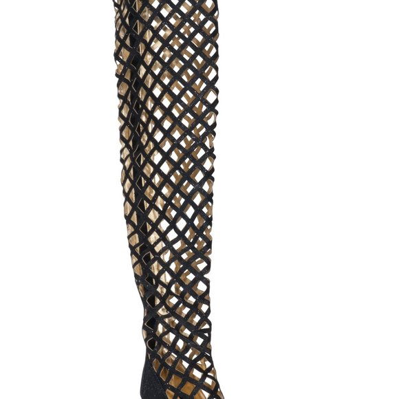 Black Thigh High Cage High Heel Boot - Picture 2 of 4